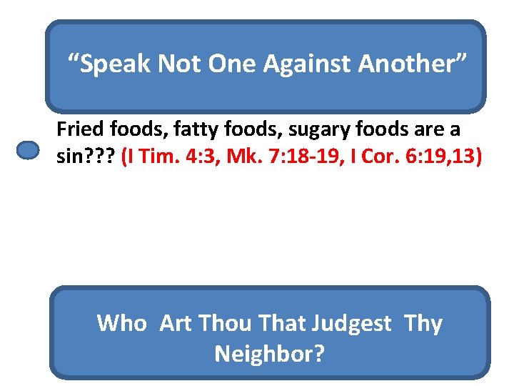 “Speak Not One Against Another” Fried foods, fatty foods, sugary foods are a sin?