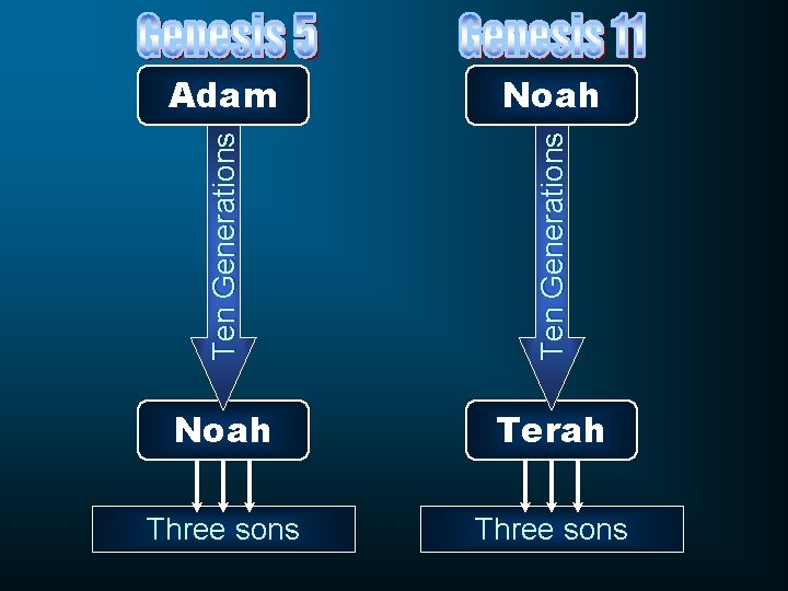 Ten Generations Noah Ten Generations Adam Noah Terah Three sons 