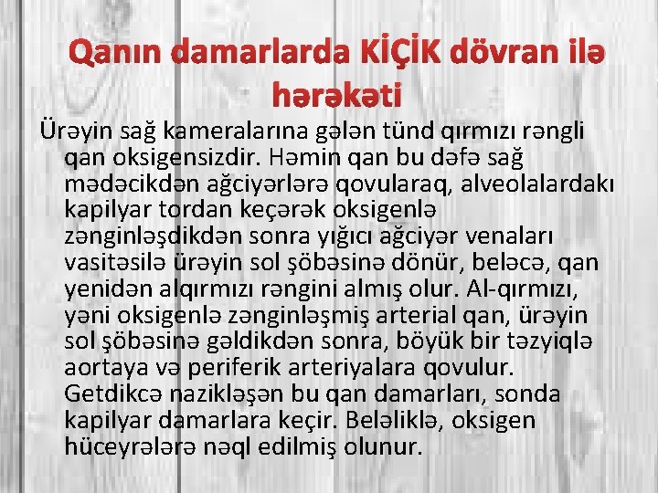 Qanın damarlarda KİÇİK dövran ilə hərəkəti Ürəyin sağ kameralarına gələn tünd qırmızı rəngli qan