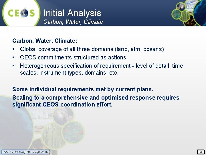 Initial Analysis Carbon, Water, Climate: • Global coverage of all three domains (land, atm,