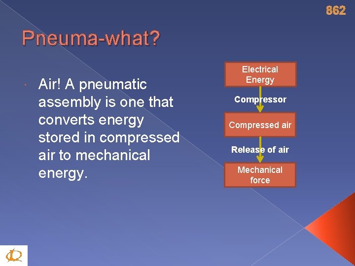 862 Pneuma-what? Air! A pneumatic assembly is one that converts energy stored in compressed