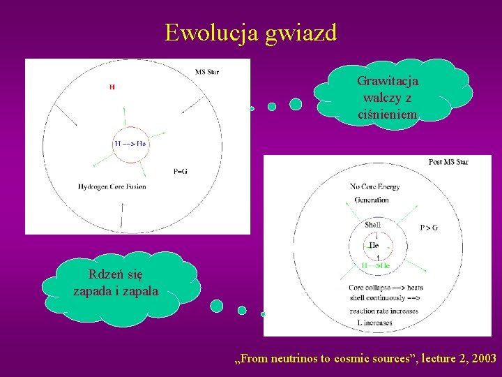 Ewolucja gwiazd Grawitacja walczy z ciśnieniem Rdzeń się zapada i zapala „From neutrinos to