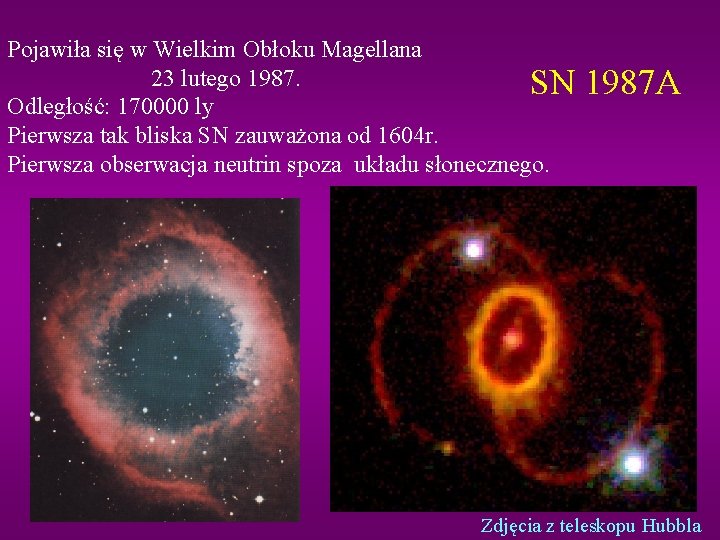 Pojawiła się w Wielkim Obłoku Magellana 23 lutego 1987. SN Odległość: 170000 ly Pierwsza