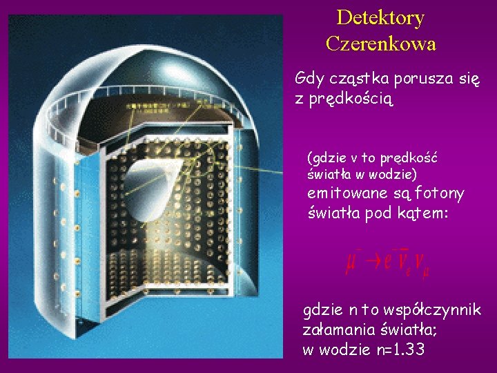 Detektory Czerenkowa Gdy cząstka porusza się z prędkością (gdzie v to prędkość światła w