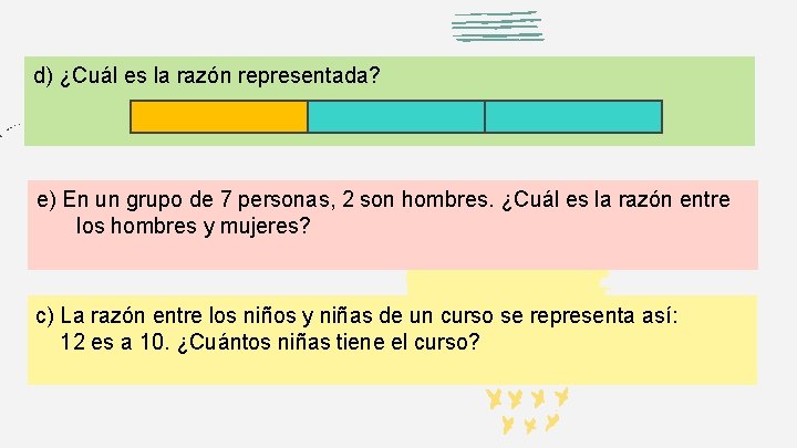 d) ¿Cuál es la razón representada? e) En un grupo de 7 personas, 2