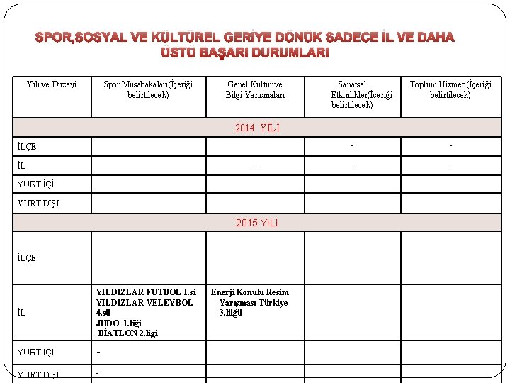 SPOR, SOSYAL VE KÜLTÜREL GERİYE DÖNÜK SADECE İL VE DAHA ÜSTÜ BAŞARI DURUMLARI Yılı