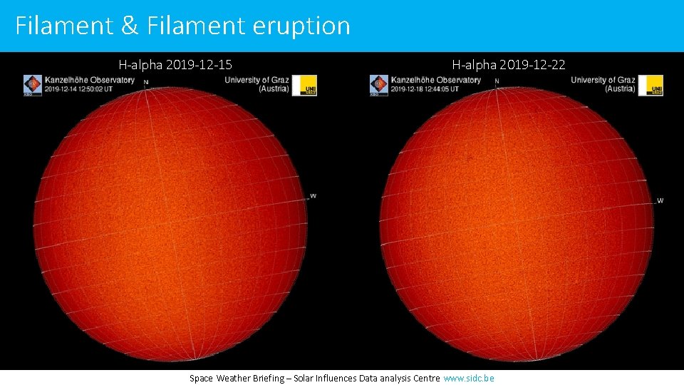 Filament & Filament eruption H-alpha 2019 -12 -15 H-alpha 2019 -12 -22 Space Weather