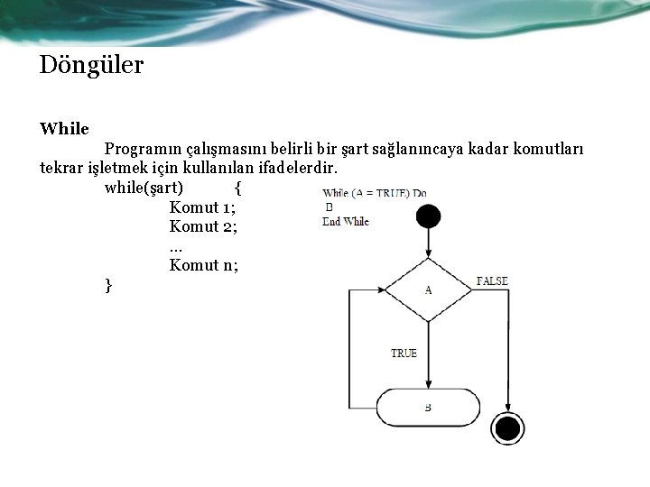 Döngüler While Programın çalışmasını belirli bir şart sağlanıncaya kadar komutları tekrar işletmek için kullanılan