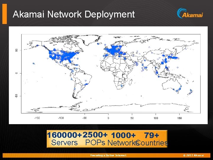 Akamai Network Deployment 160000+2500+ 1000+ 79+ Servers POPs Networks Countries Powering a Better Internet