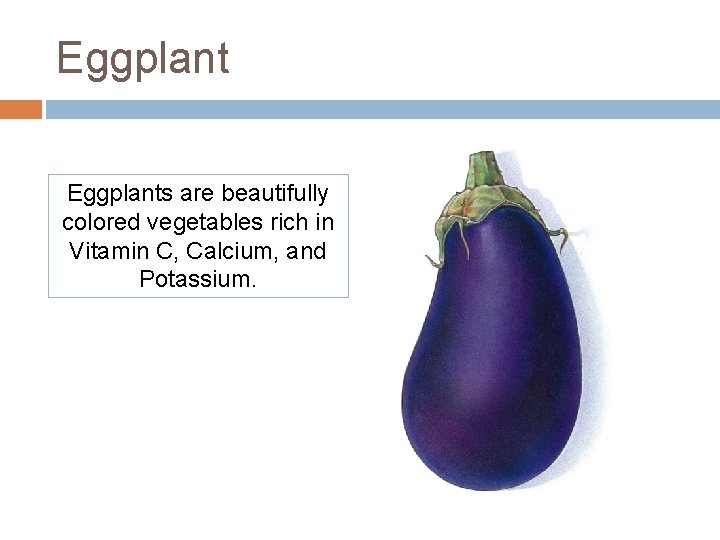 Eggplants are beautifully colored vegetables rich in Vitamin C, Calcium, and Potassium. Eggplants are beautifully colored vegetables rich in Vitamin C, Calcium, and Potassium.