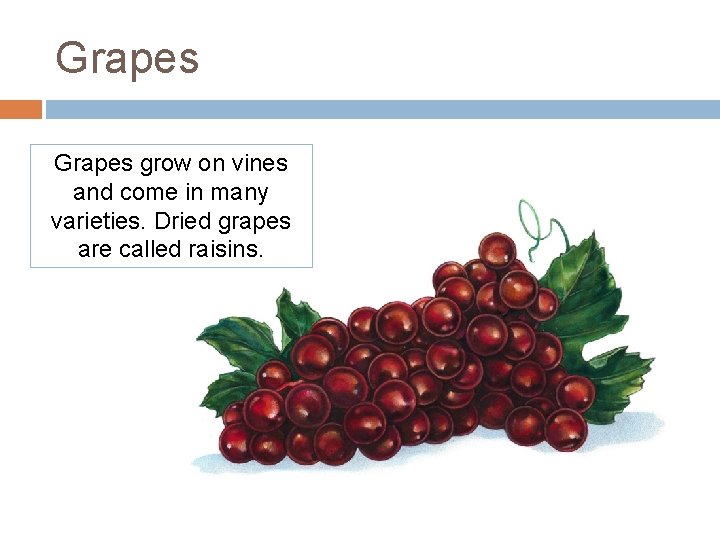 Grapes grow on vines and come in many varieties. Dried grapes are called raisins. Grapes grow on vines and come in many varieties. Dried grapes are called raisins.