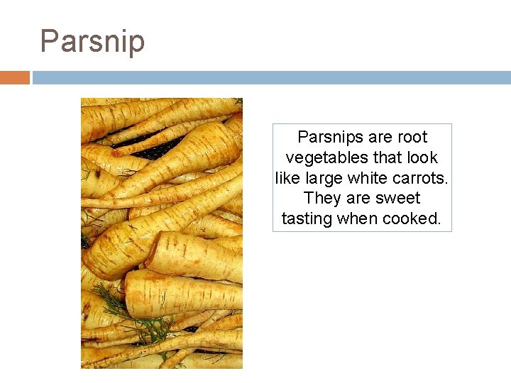 Parsnips are root vegetables that look like large white carrots. They are sweet tasting Parsnips are root vegetables that look like large white carrots. They are sweet tasting