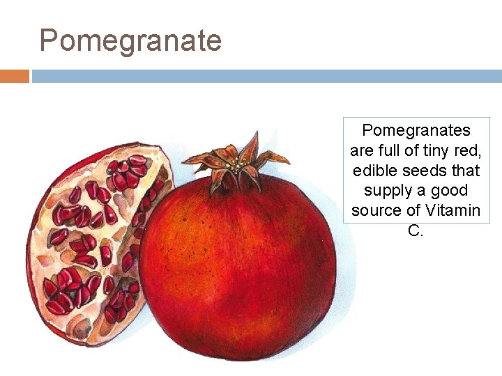 Pomegranates are full of tiny red, edible seeds that supply a good source of Pomegranates are full of tiny red, edible seeds that supply a good source of