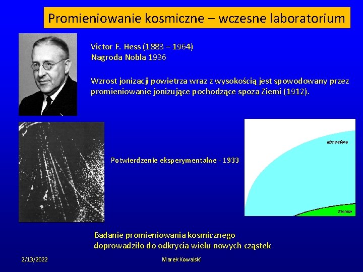 Promieniowanie kosmiczne – wczesne laboratorium Victor F. Hess (1883 – 1964) Nagroda Nobla 1936