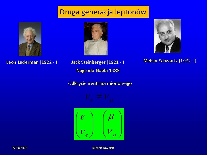 Druga generacja leptonów Leon Lederman (1922 - ) Jack Steinberger (1921 - ) Nagroda