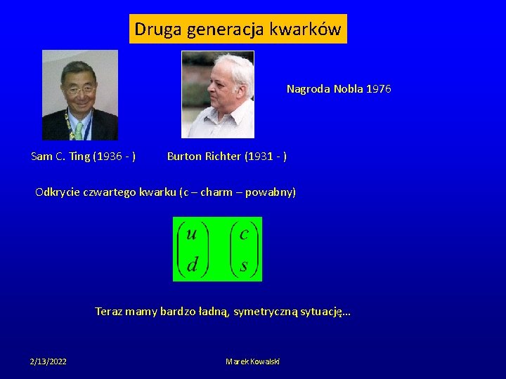 Druga generacja kwarków Nagroda Nobla 1976 Sam C. Ting (1936 - ) Burton Richter