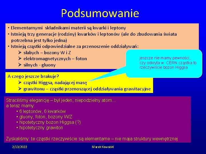 Podsumowanie • Elementarnymi składnikami materii są kwarki i leptony • Istnieją trzy generacje (rodziny)