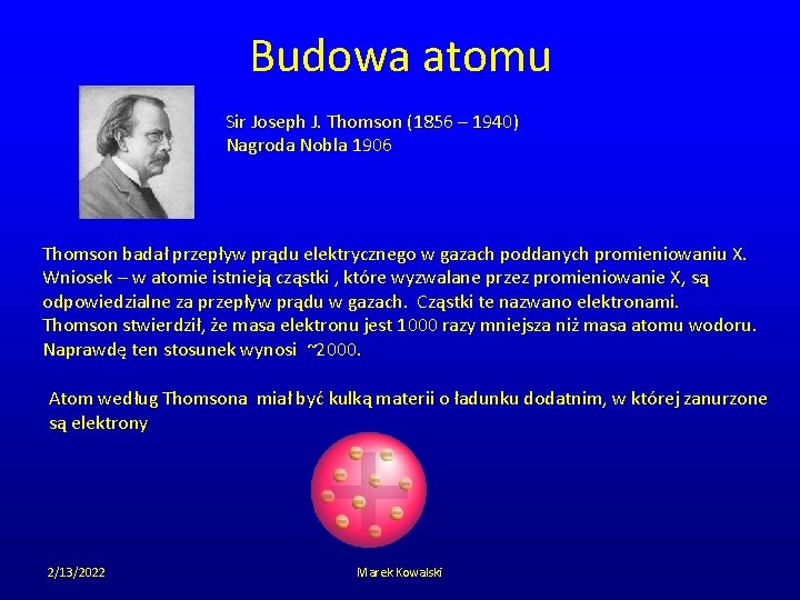 Budowa atomu Sir Joseph J. Thomson (1856 – 1940) Nagroda Nobla 1906 Thomson badał