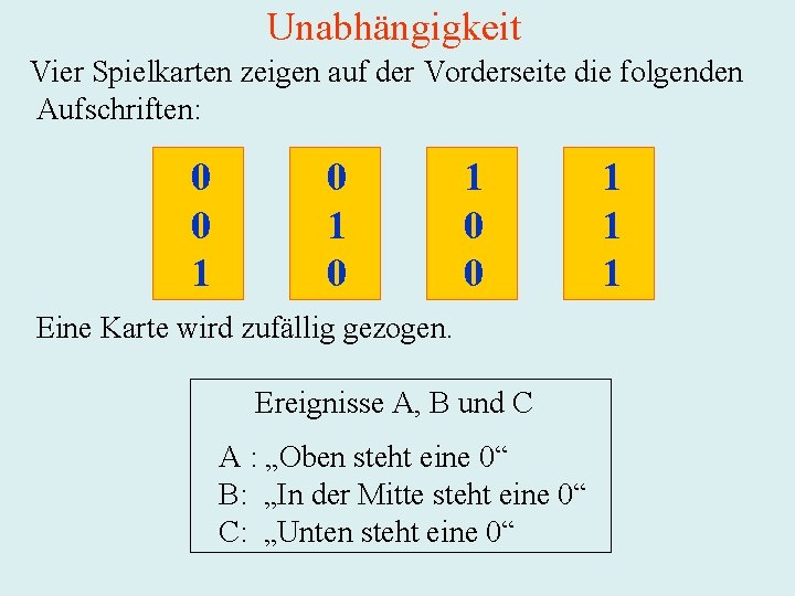 Unabhängigkeit Vier Spielkarten zeigen auf der Vorderseite die folgenden Aufschriften: 0 0 1 0