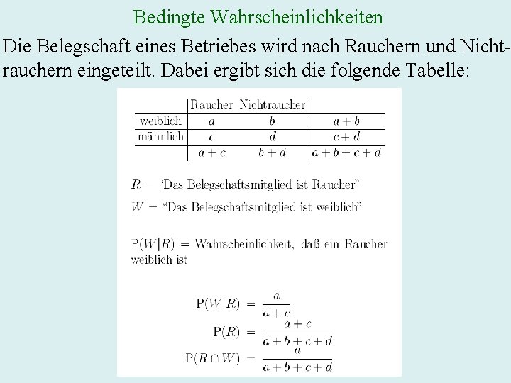 Bedingte Wahrscheinlichkeiten Die Belegschaft eines Betriebes wird nach Rauchern und Nichtrauchern eingeteilt. Dabei ergibt