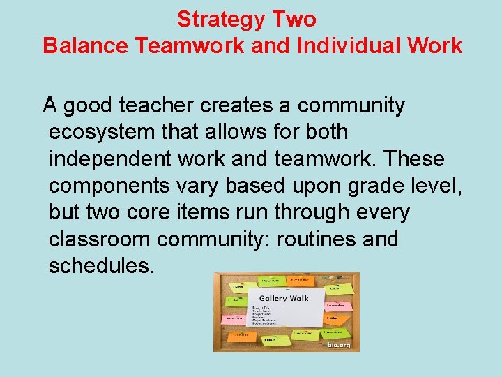 Strategy Two Balance Teamwork and Individual Work A good teacher creates a community ecosystem