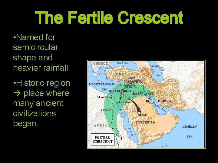The Fertile Crescent • Named for semicircular shape and heavier rainfall • Historic region