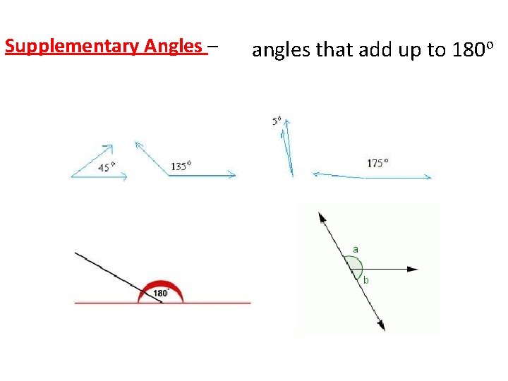 Supplementary Angles – angles that add up to 180º 