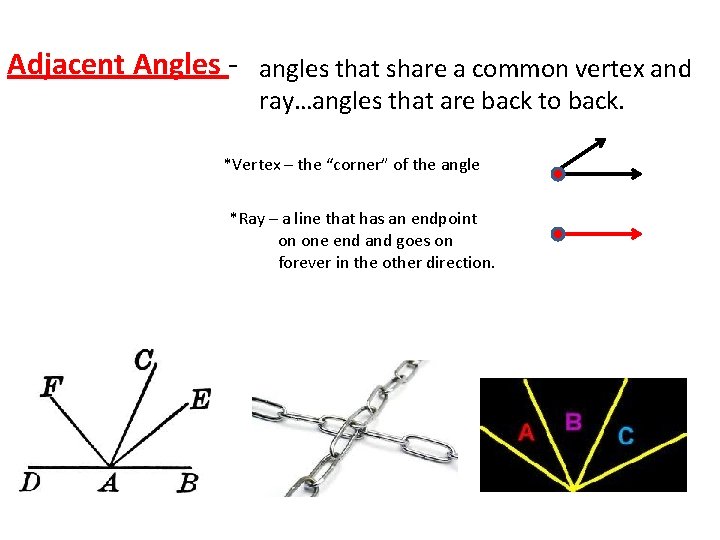 Adjacent Angles - angles that share a common vertex and ray…angles that are back