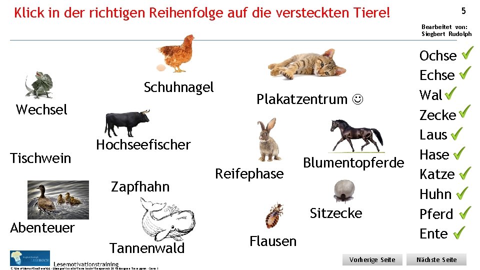 Klick in der richtigen Reihenfolge auf die versteckten Tiere! 5 Bearbeitet von: Siegbert Rudolph