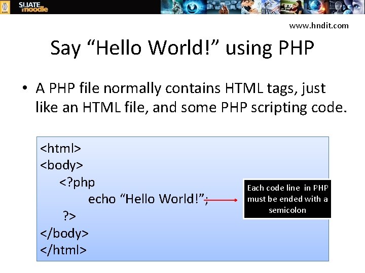 www. hndit. com Say “Hello World!” using PHP • A PHP file normally contains