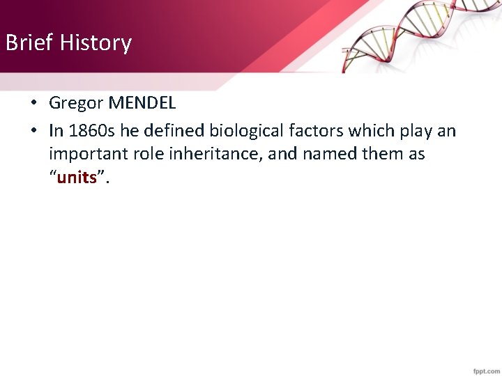Brief History • Gregor MENDEL • In 1860 s he defined biological factors which