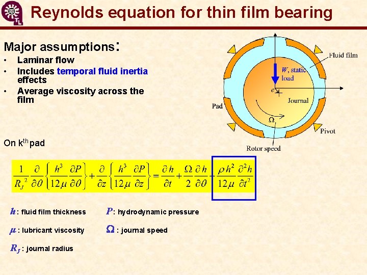 Reynolds equation for thin film bearing Major assumptions: • • • Laminar flow Includes