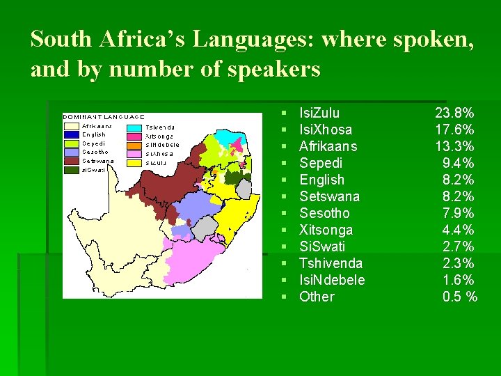 South Africa’s Languages: where spoken, and by number of speakers § § § Isi.