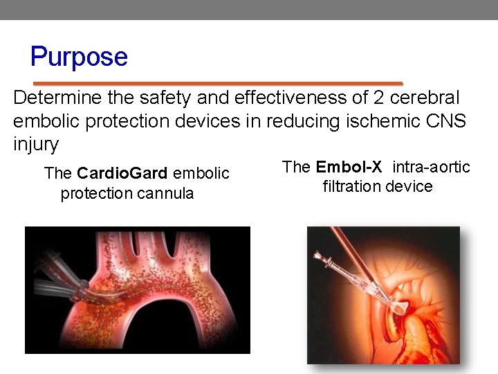 Purpose Determine the safety and effectiveness of 2 cerebral embolic protection devices in reducing