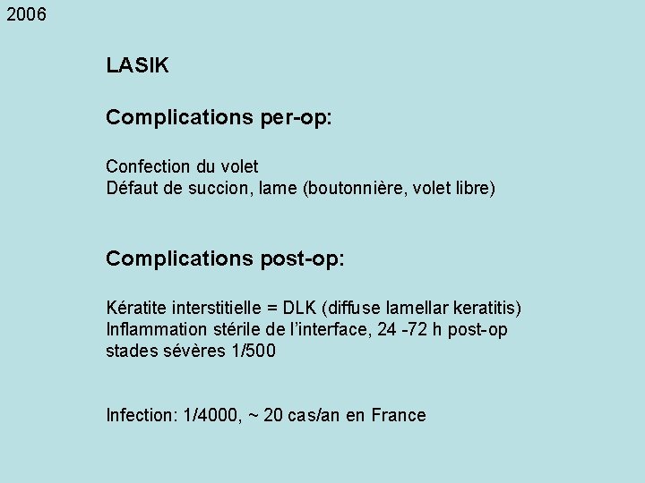 2006 LASIK Complications per-op: Confection du volet Défaut de succion, lame (boutonnière, volet libre)
