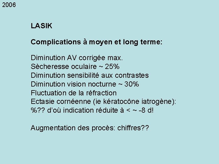 2006 LASIK Complications à moyen et long terme: Diminution AV corrigée max. Sècheresse oculaire