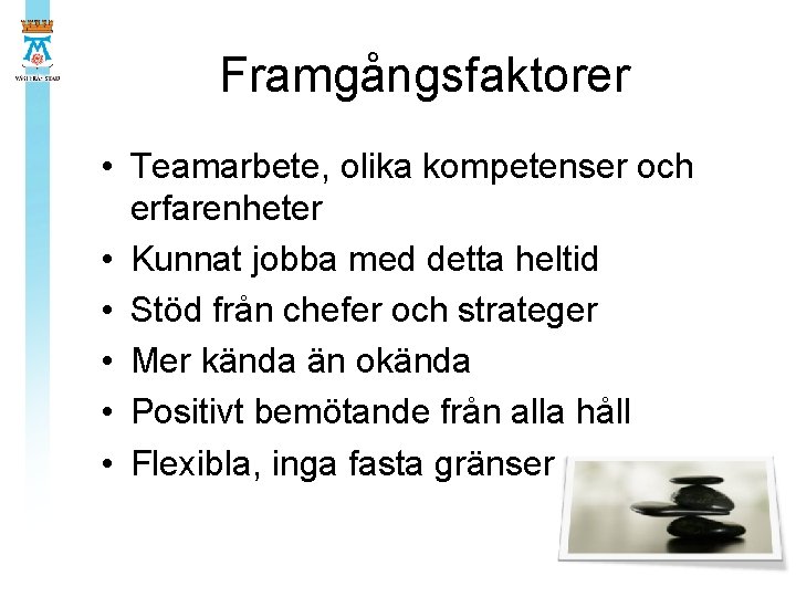 Framgångsfaktorer • Teamarbete, olika kompetenser och erfarenheter • Kunnat jobba med detta heltid •