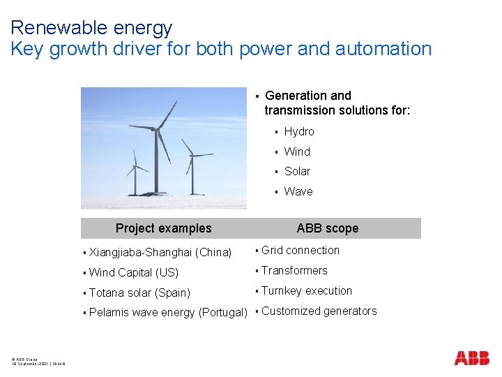 Renewable energy Key growth driver for both power and automation § Project examples ©