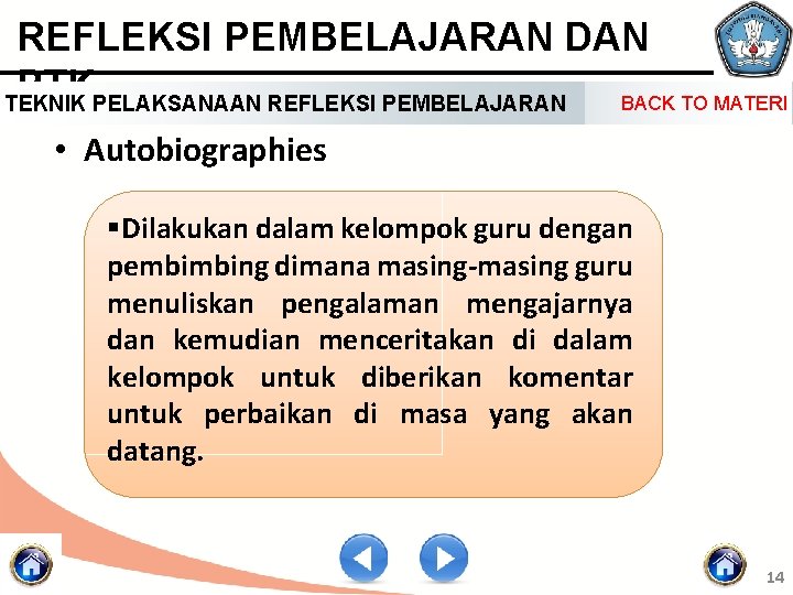 REFLEKSI PEMBELAJARAN DAN PTK BACK TO MATERI TEKNIK PELAKSANAAN REFLEKSI PEMBELAJARAN • Autobiographies §Dilakukan