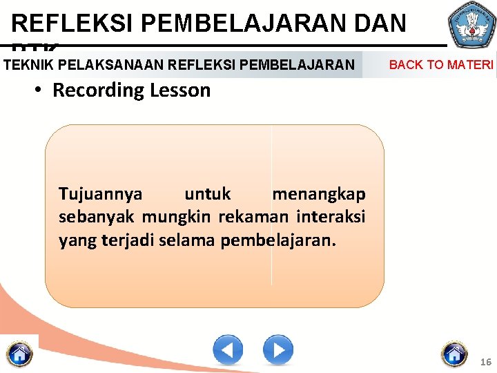 REFLEKSI PEMBELAJARAN DAN PTK BACK TO MATERI TEKNIK PELAKSANAAN REFLEKSI PEMBELAJARAN • Recording Lesson