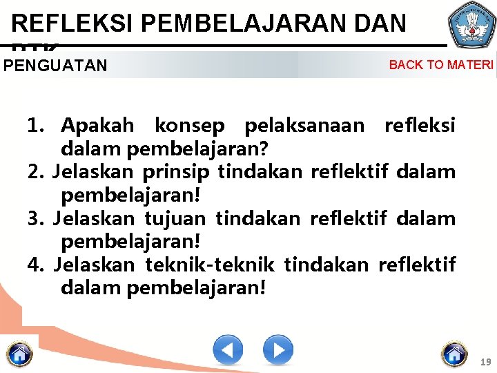 REFLEKSI PEMBELAJARAN DAN PTK BACK TO MATERI PENGUATAN 1. Apakah konsep pelaksanaan refleksi dalam