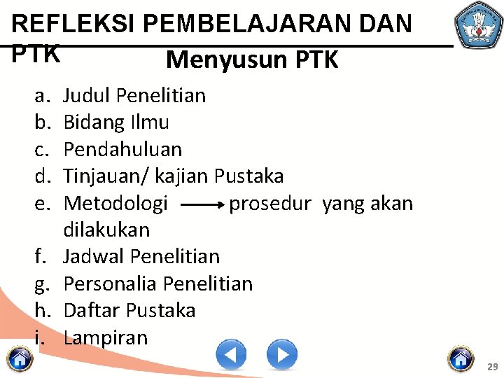 REFLEKSI PEMBELAJARAN DAN PTK Menyusun PTK a. b. c. d. e. f. g. h.
