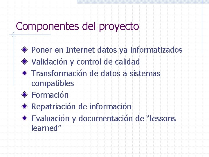 Componentes del proyecto Poner en Internet datos ya informatizados Validación y control de calidad
