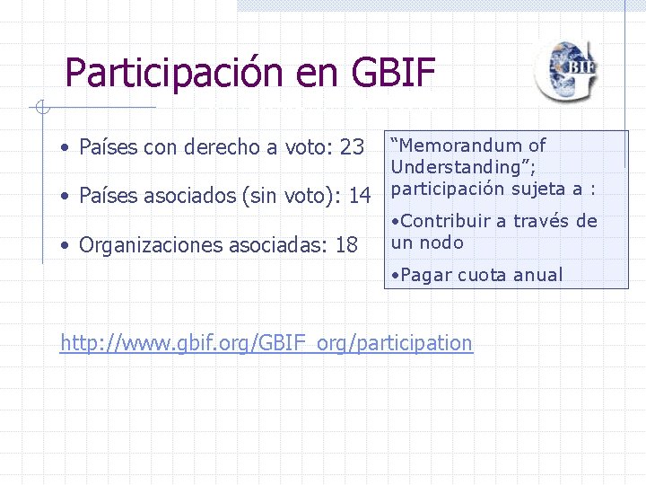 Participación en GBIF • Países con derecho a voto: 23 • Países asociados (sin
