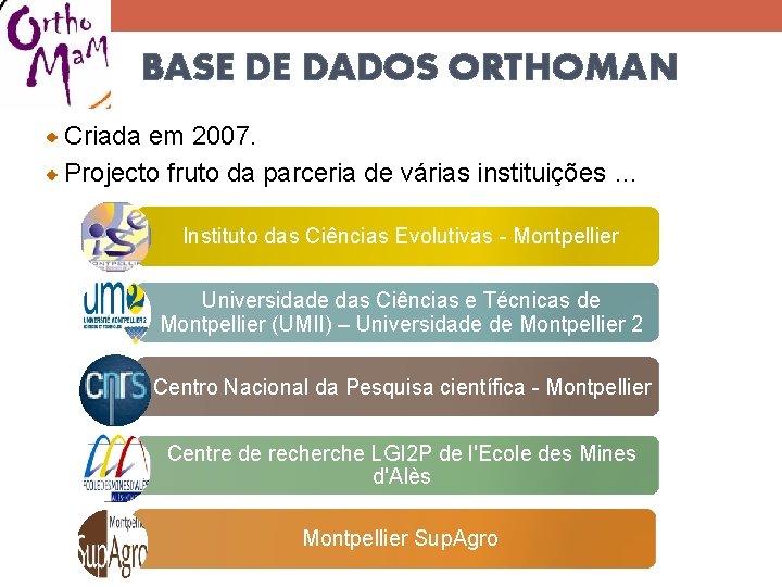 BASE DE DADOS ORTHOMAN Criada em 2007. Projecto fruto da parceria de várias instituições