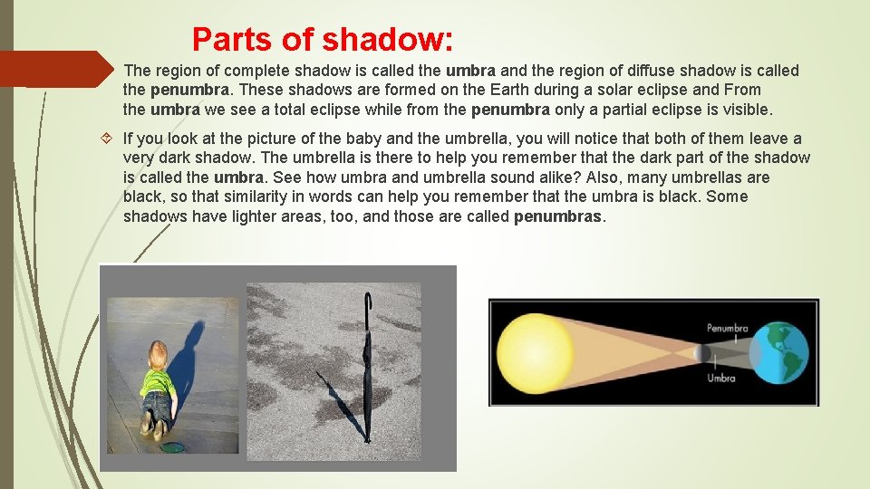 Parts of shadow: The region of complete shadow is called the umbra and the