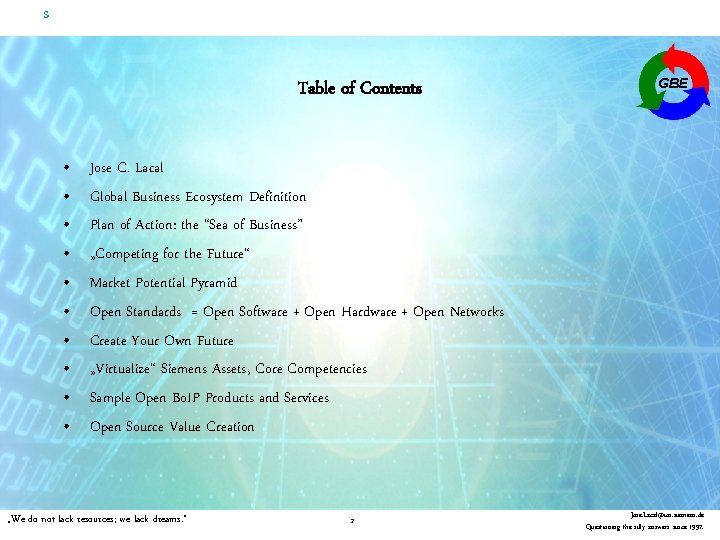 s Table of Contents • • • GBE Jose C. Lacal Global Business Ecosystem