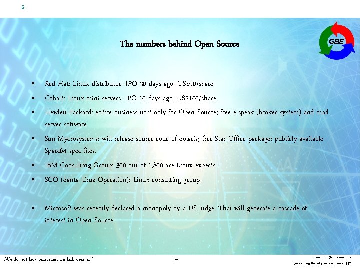 s GBE The numbers behind Open Source • Red Hat: Linux distributor. IPO 30