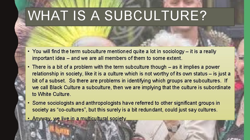 WHAT IS A SUBCULTURE? • You will find the term subculture mentioned quite a