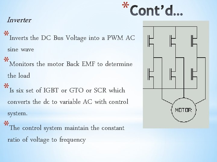 Inverter * *Inverts the DC Bus Voltage into a PWM AC sine wave *Monitors